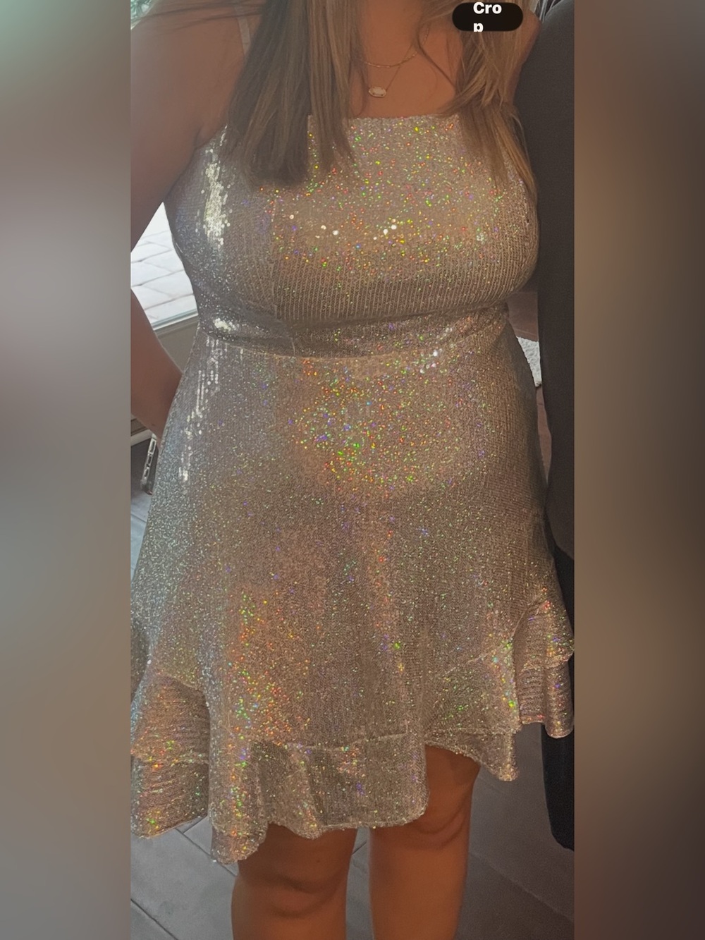 Iridescent Silver Sequin Mini Dress with Ruffle Hem